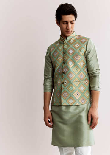 Sea Green Silk Kurta Jacket Set With Geometric Print