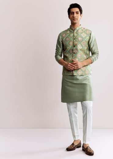 Sea Green Silk Kurta Jacket Set With Geometric Print