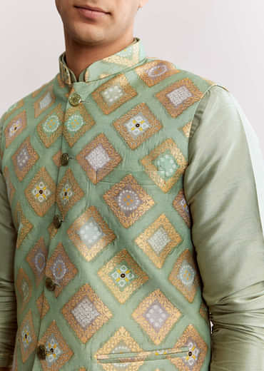 Sea Green Silk Kurta Jacket Set With Geometric Print