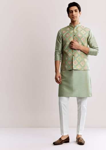 Sea Green Silk Kurta Jacket Set With Geometric Print
