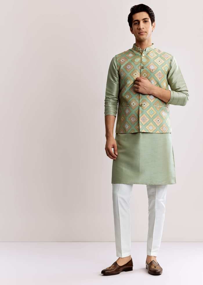 Sea Green Silk Kurta Jacket Set With Geometric Print