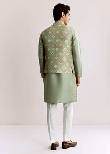 Sea Green Silk Kurta Jacket Set With Geometric Print
