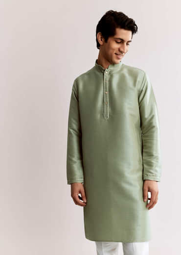 Sea Green Silk Kurta Jacket Set With Geometric Print
