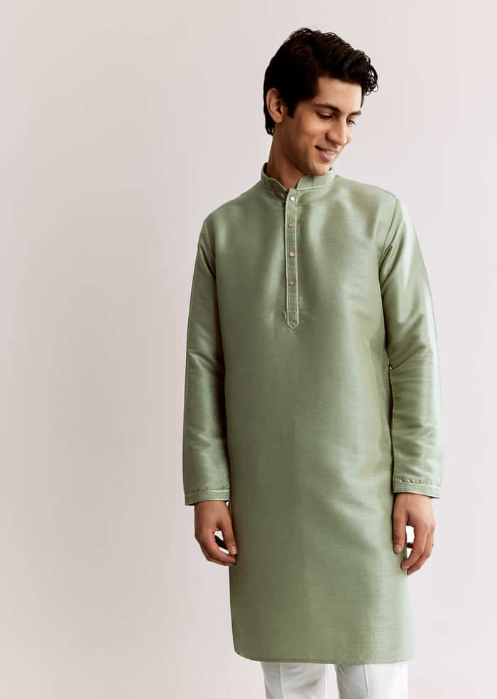 Sea Green Silk Kurta Jacket Set With Geometric Print
