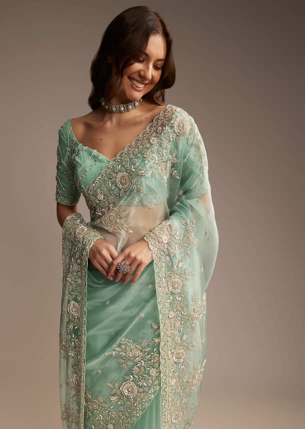 Sea Green Tissue Saree with Cutdana Embroidery