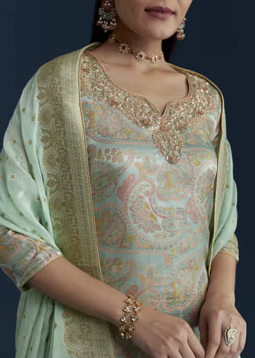 Sea Green Tissue Silk Jacquard Weave Kurta Set