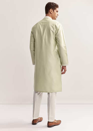Sea Green Viscose Chanderi Kurta Set For Men With Hand Work