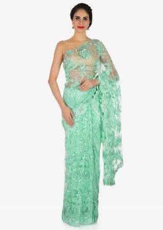 Sea blue saree in embroidered net with resham and cut dana embroidery only on Kalki