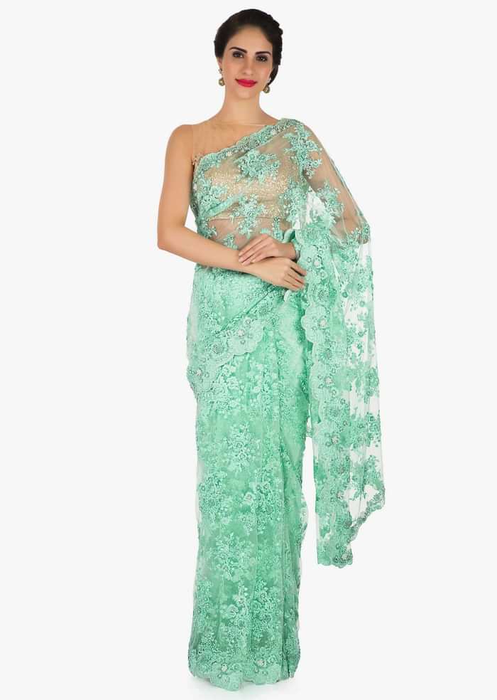 Sea blue saree in embroidered net with resham and cut dana embroidery only on Kalki