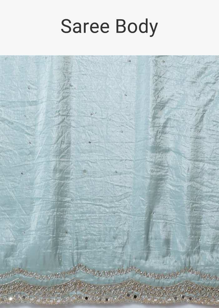 Sea Blue Tissue Saree With Mirror Work And Unstitched Blouse Piece