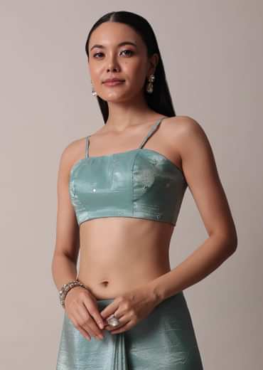 Sea Blue Tissue Saree With Mirror Work And Unstitched Blouse Piece