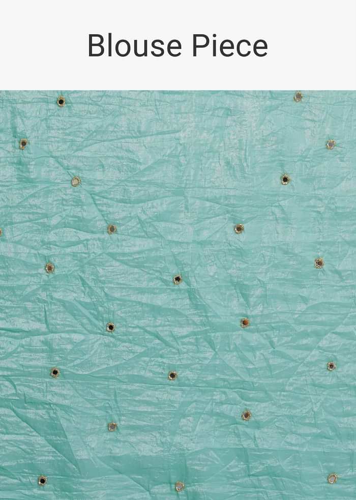 Sea Blue Tissue Saree With Mirror Work And Unstitched Blouse Piece