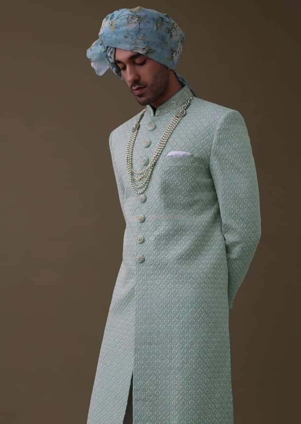 Sea Green Sherwani Set In Silk With Lucknowi Embroidery