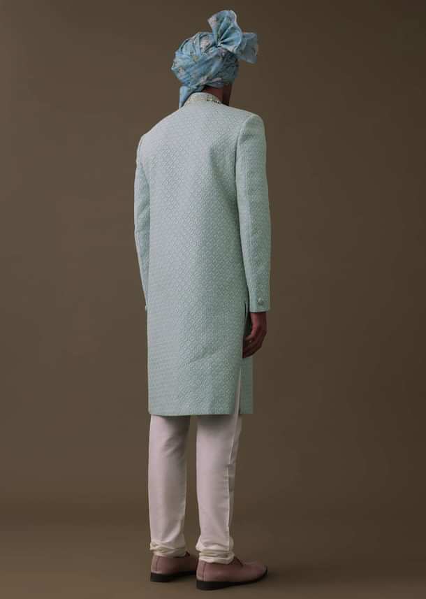 Sea Green Sherwani Set In Silk With Lucknowi Embroidery