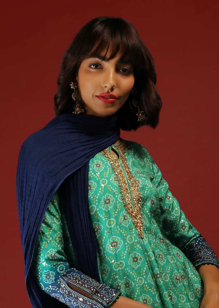 Sea Green And Cobalt Blue Shaded Anarkali Suit With Bandhani Print