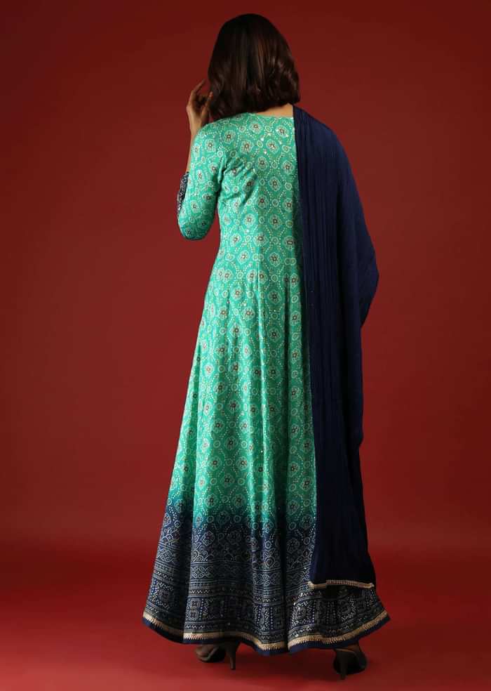Sea Green And Cobalt Blue Shaded Anarkali Suit With Bandhani Print