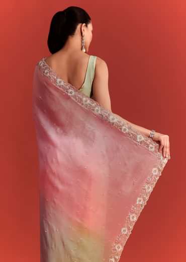 Sea Green And Light Pink Shaded Saree In Crepe Silk With Cutdana Embellishment
