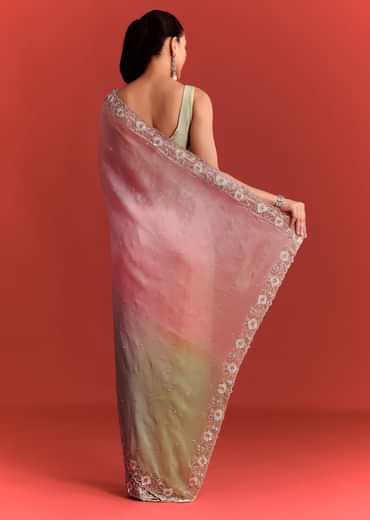 Sea Green And Light Pink Shaded Saree In Crepe Silk With Cutdana Embellishment