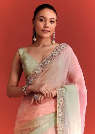 Sea Green And Light Pink Shaded Saree In Crepe Silk With Cutdana Embellishment