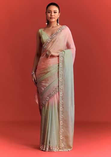 Sea Green And Light Pink Shaded Saree In Crepe Silk With Cutdana Embellishment
