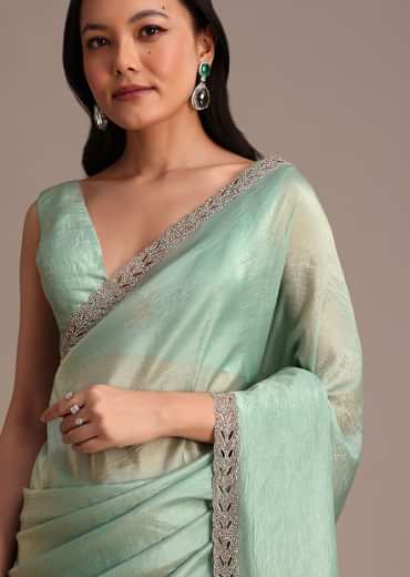 Sea Green Crushed Tissue Saree With Stone Embellished Border