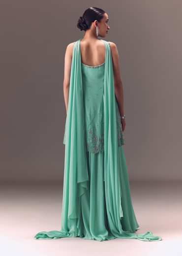 Sea Green Kurta Sharara Set With Choker Dupatta