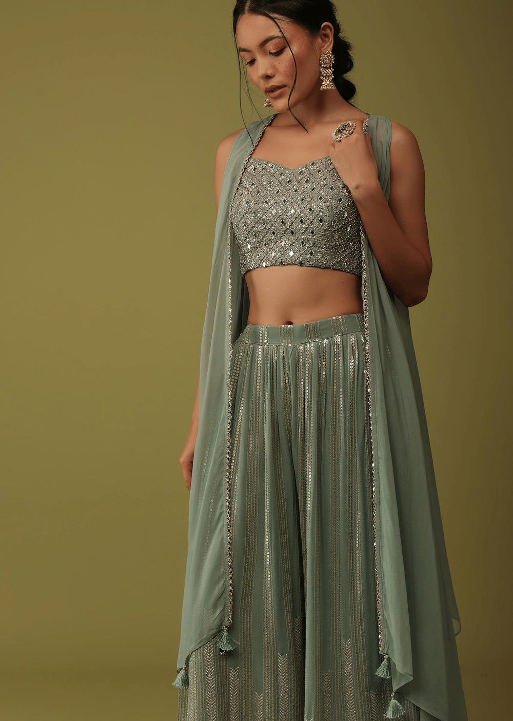 Sea Green Mirror Embellished Crop Top And Palazzo Set With Jacket