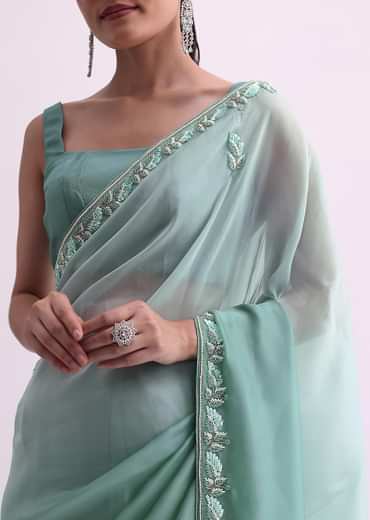 Sea Green Ombre Shaded Satin Saree With Sequin Border And Unstitched Blouse Fabric