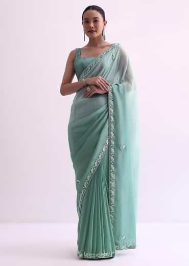 Sea Green Ombre Shaded Satin Saree With Sequin Border And Unstitched Blouse Fabric