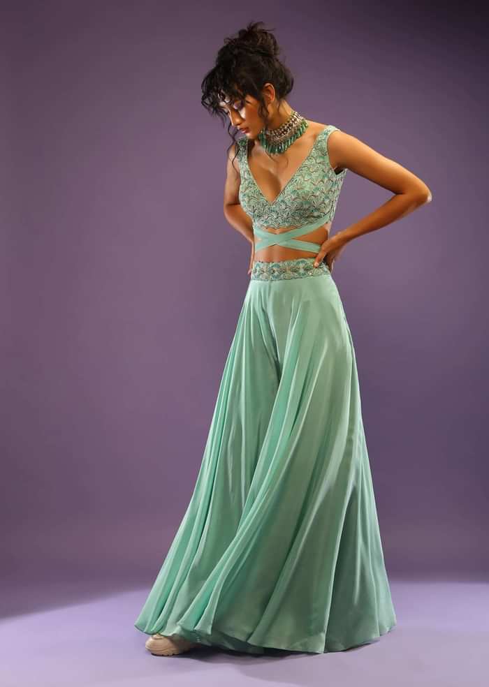 Sea Green Palazzo And Crop Top With Wrap Around Straps And Shaded Green Bead Work In Scallop Motifs