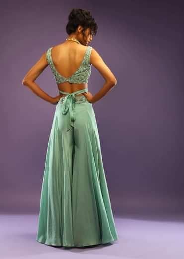 Sea Green Palazzo And Crop Top With Wrap Around Straps And Shaded Green Bead Work In Scallop Motifs