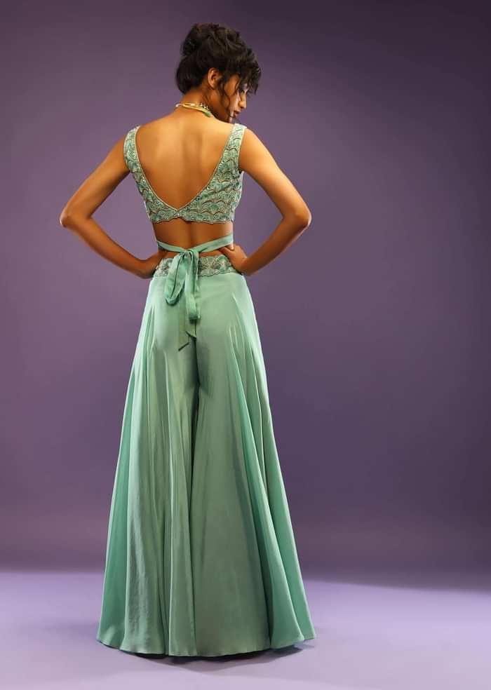 Sea Green Palazzo And Crop Top With Wrap Around Straps And Shaded Green Bead Work In Scallop Motifs