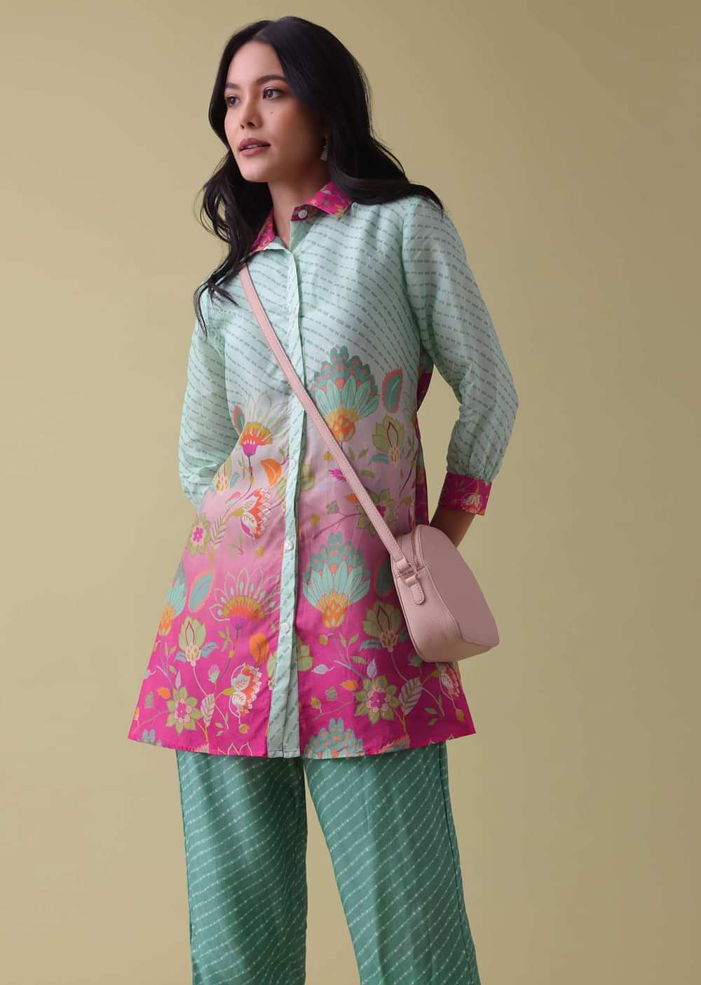 Sea Green Printed Co-ord Set In Tussar - RE By Kalki