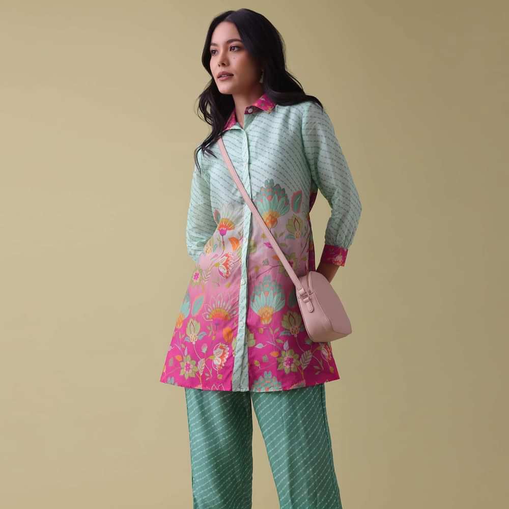 Sea Green Printed Co-ord Set In Tussar - RE By Kalki