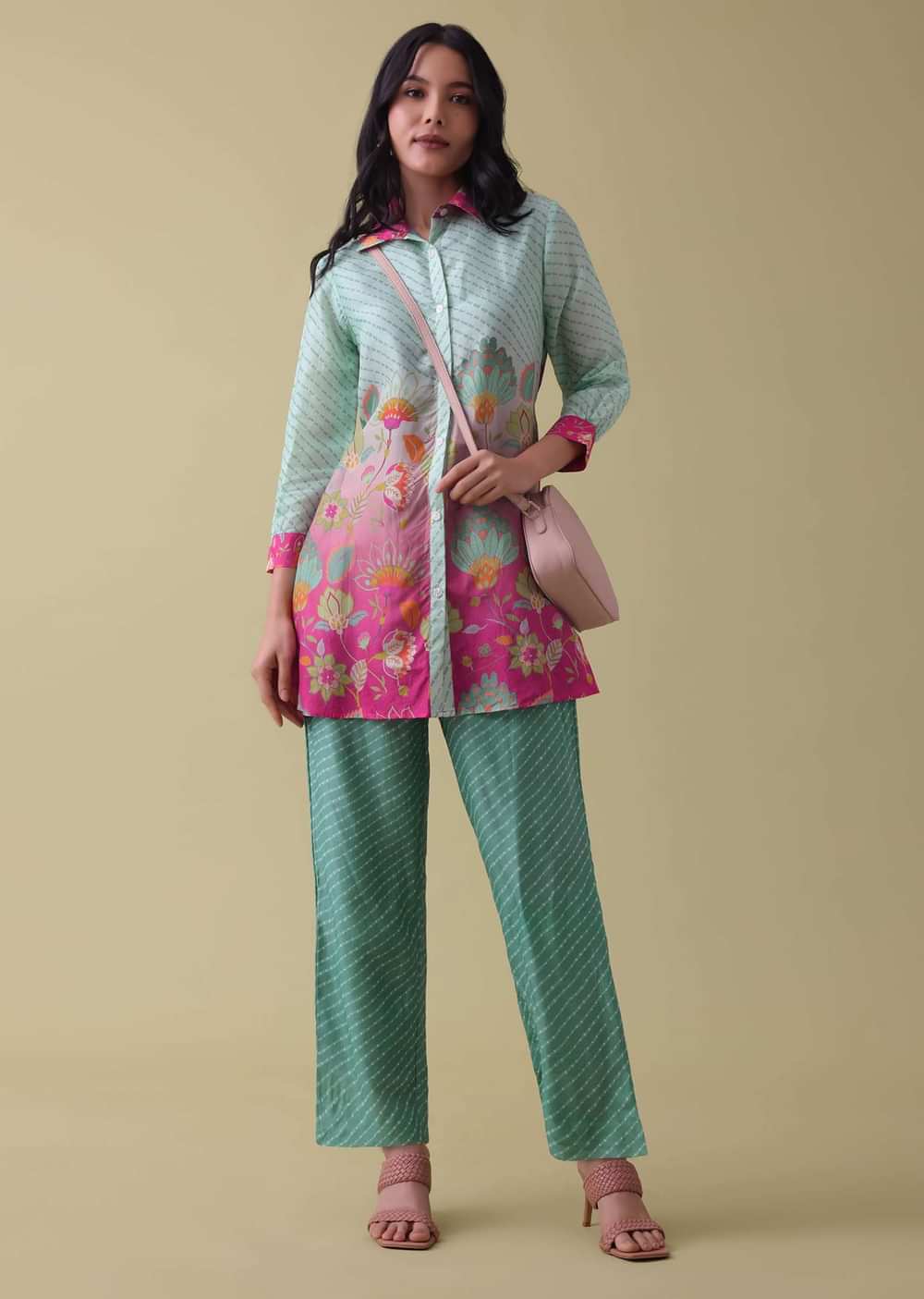 Sea Green Printed Co-ord Set In Tussar - RE By Kalki