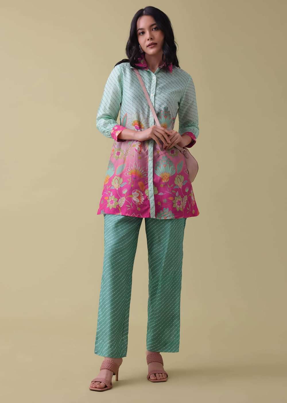 Sea Green Printed Co-ord Set In Tussar - RE By Kalki