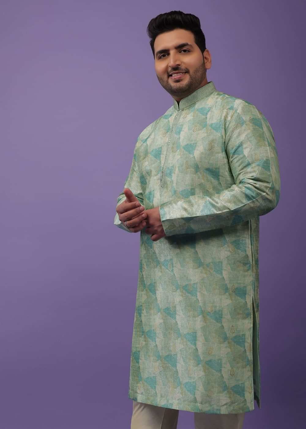 Light Sea Green Kurta Set In Bangalore Silk With Print And Brocade Weave Buttis