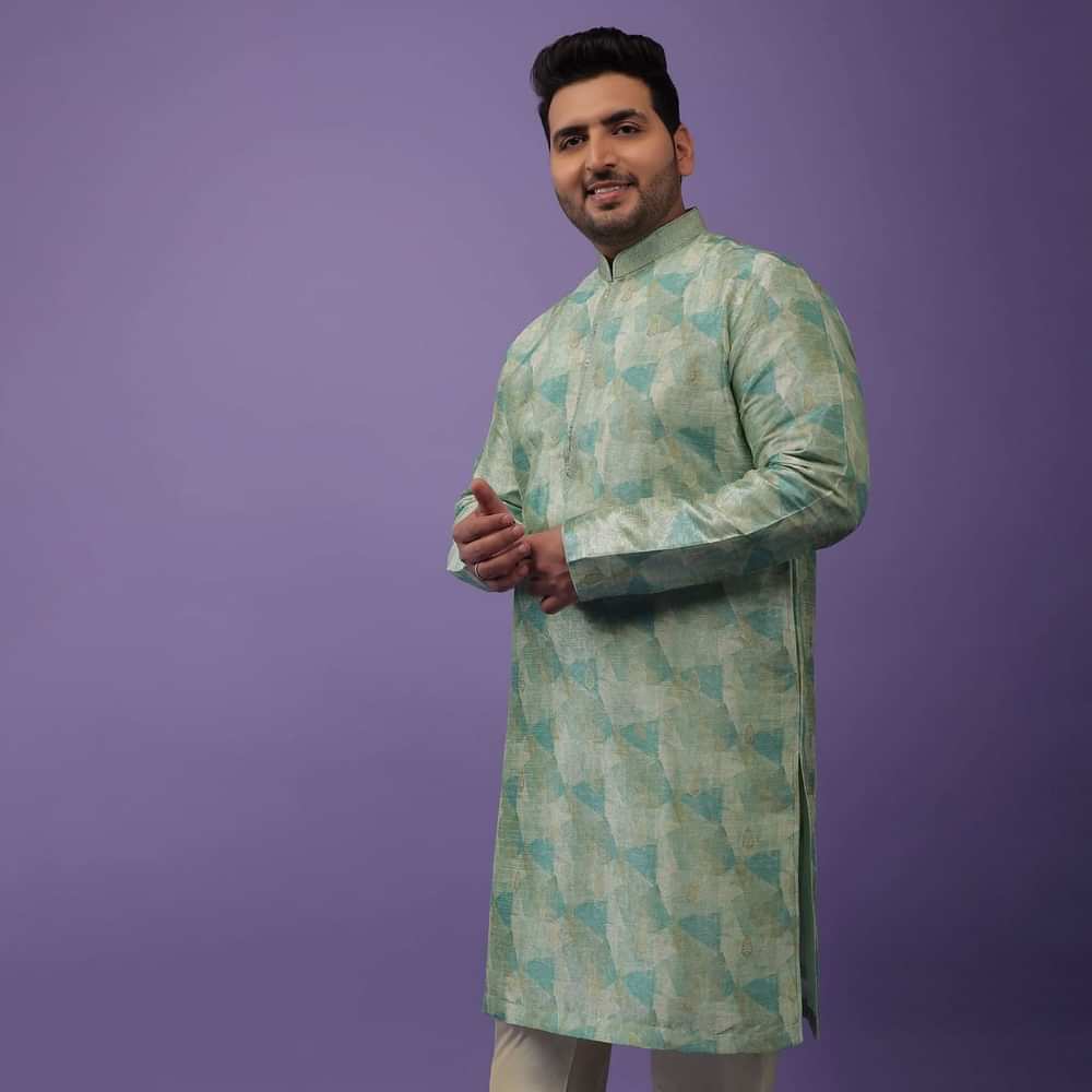 Light Sea Green Kurta Set In Bangalore Silk With Print And Brocade Weave Buttis