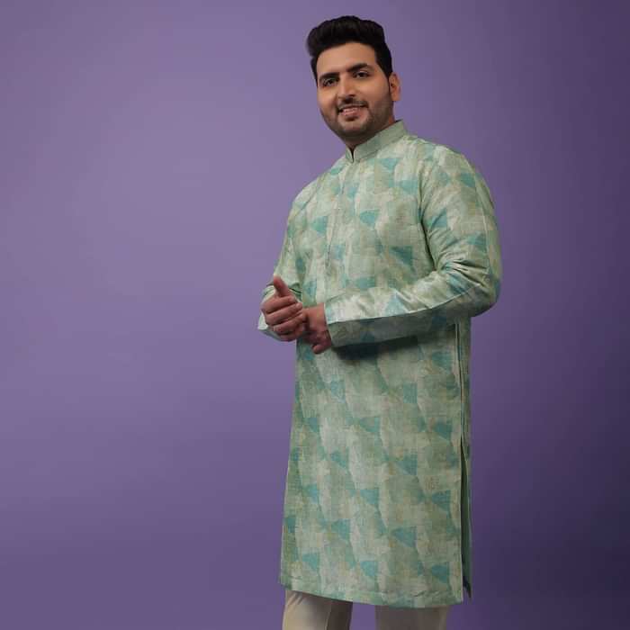 Light Sea Green Kurta Set In Bangalore Silk With Print And Brocade Weave Buttis