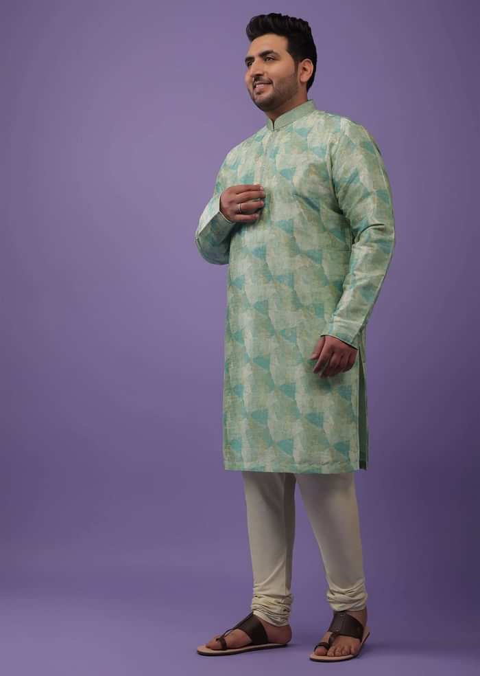 Light Sea Green Kurta Set In Bangalore Silk With Print And Brocade Weave Buttis