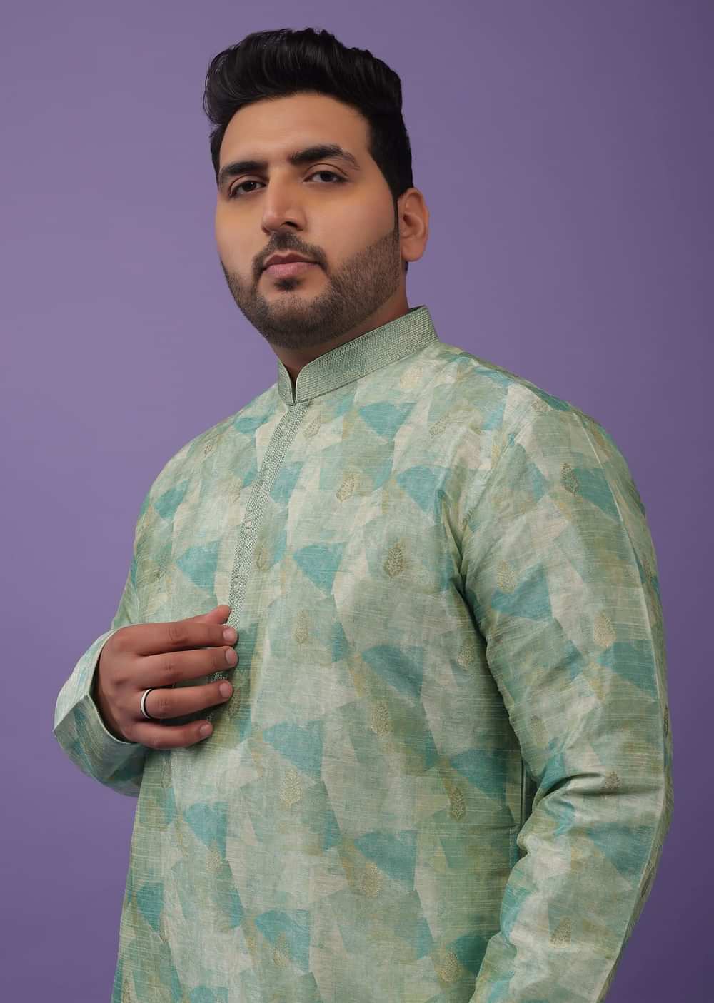 Light Sea Green Kurta Set In Bangalore Silk With Print And Brocade Weave Buttis