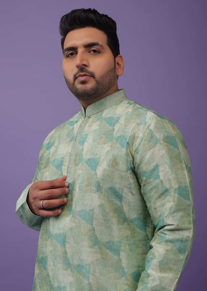 Light Sea Green Kurta Set In Bangalore Silk With Print And Brocade Weave Buttis