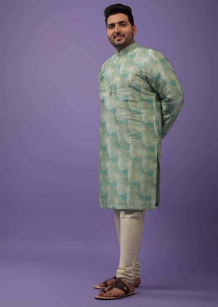 Light Sea Green Kurta Set In Bangalore Silk With Print And Brocade Weave Buttis