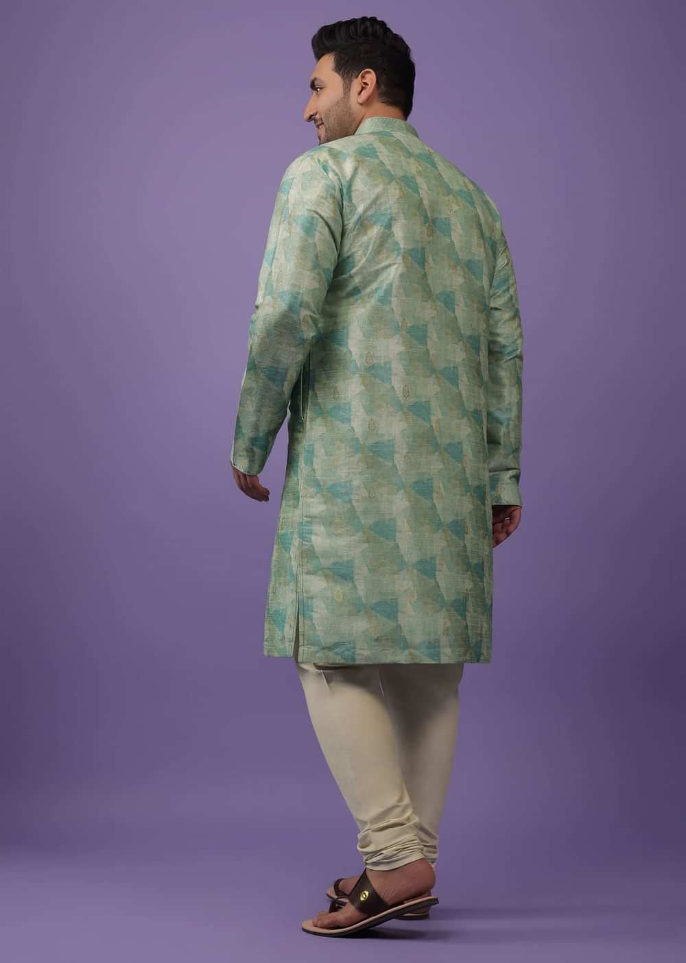 Light Sea Green Kurta Set In Bangalore Silk With Print And Brocade Weave Buttis