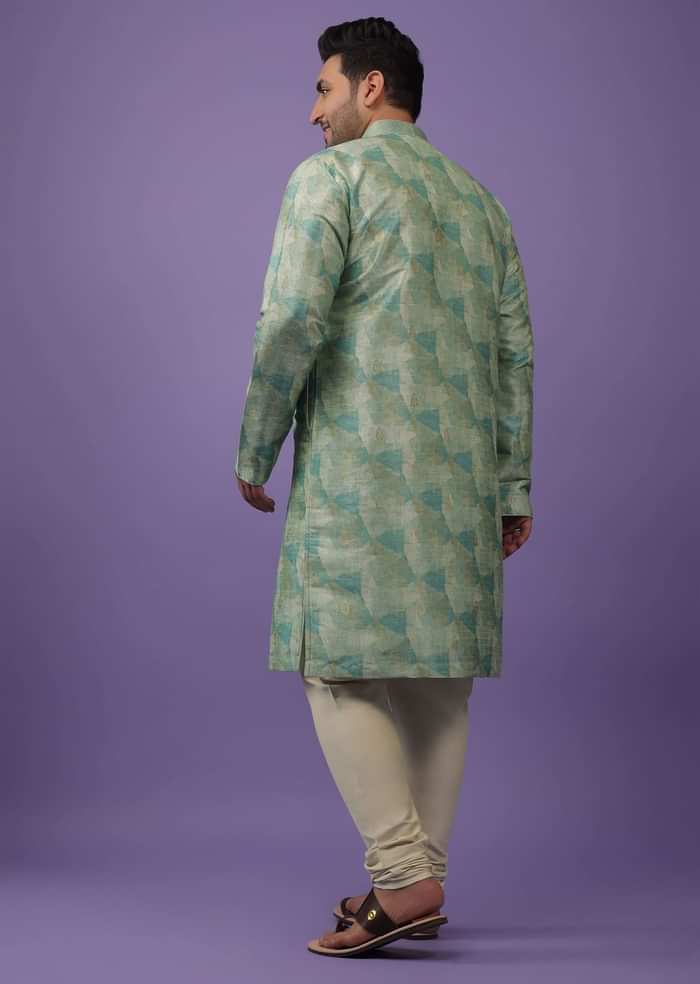 Light Sea Green Kurta Set In Bangalore Silk With Print And Brocade Weave Buttis