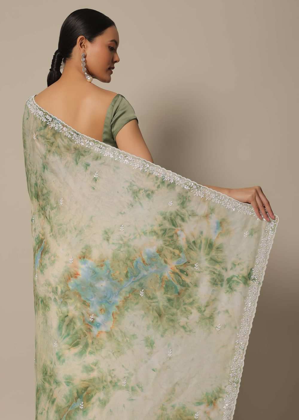 Sea Green Saree In Satin With Shibori Print And Unstitched Blouse Piece