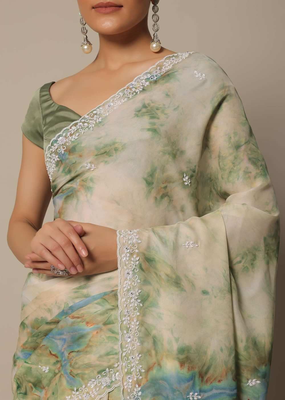 Sea Green Saree In Satin With Shibori Print And Unstitched Blouse Piece
