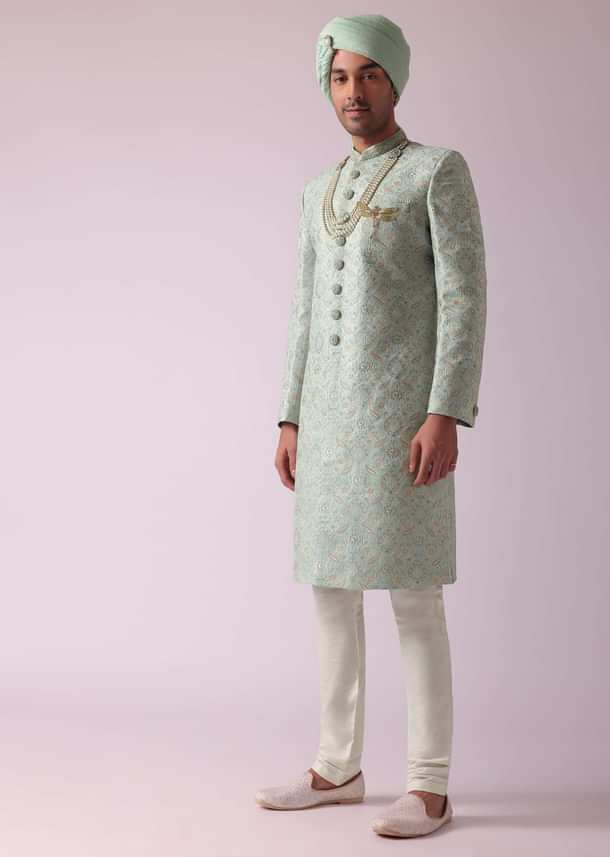 Sea Green Silk Embroidered Sherwani Set