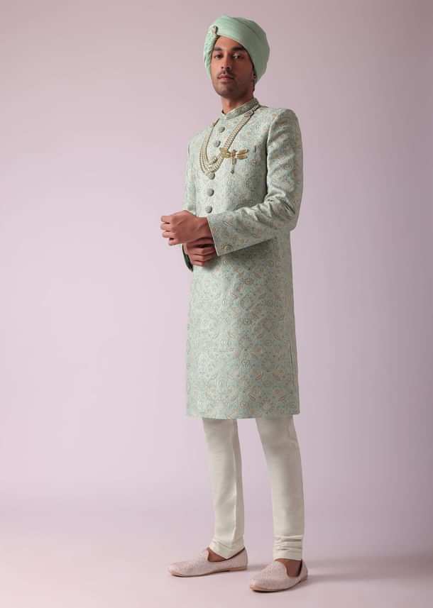 Sea Green Silk Embroidered Sherwani Set