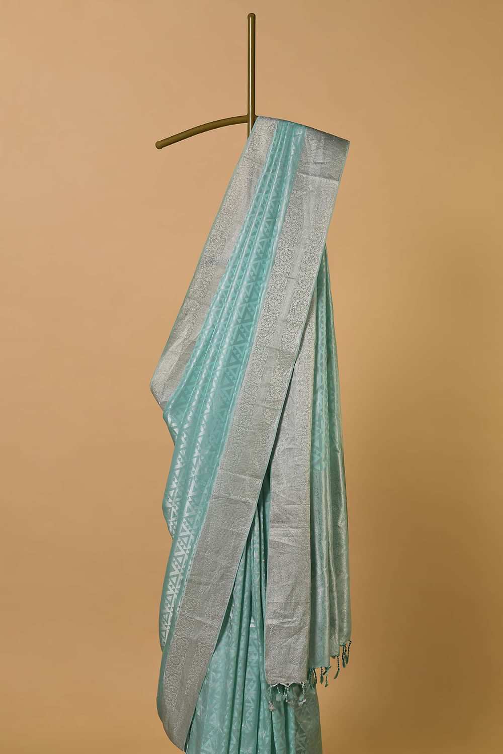 Sea Green South Silk Saree With Geometric Zari Weave And Unstitched Blouse Fabric